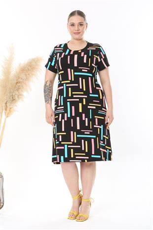 Kadın Siyah Pembe Geometrik Çizgi Desen Midi Elbise