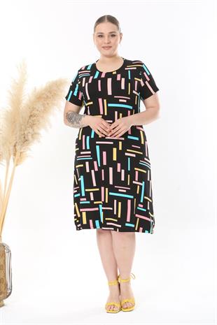 Kadın Siyah Pembe Geometrik Çizgi Desen Midi Elbise