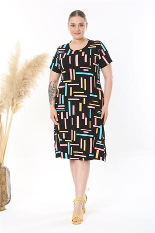 Kadın Siyah Pembe Geometrik Çizgi Desen Midi Elbise