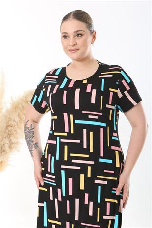 Kadın Siyah Pembe Geometrik Çizgi Desen Midi Elbise