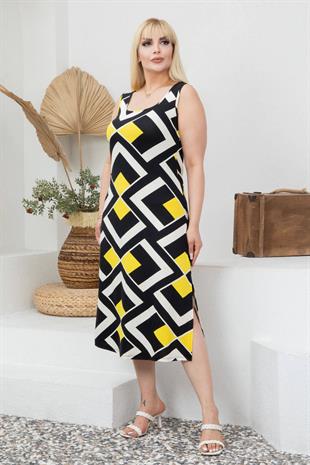Kadın Siyah Sarı Geometrik Desen Yırtmaç Detay Askılı Elbise