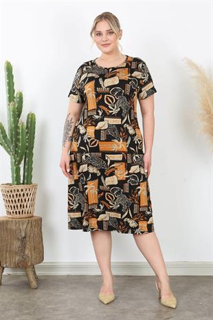 Kadın Siyah Turuncu Palmiye Desen Midi Elbise