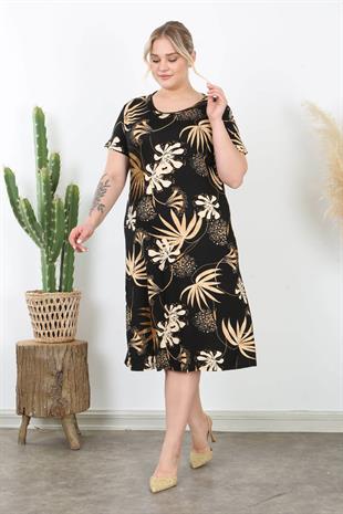 Kadın Siyah Vizon Floral Desen Midi Elbise
