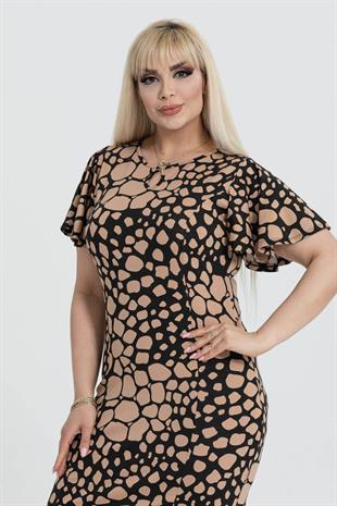 Kadın Siyah Vizon Taş Desenli Kelebek Kol Kuplu Büyük Beden Elbise