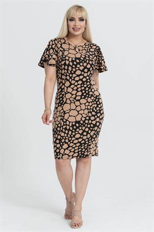 Kadın Siyah Vizon Taş Desenli Kelebek Kol Kuplu Büyük Beden Elbise