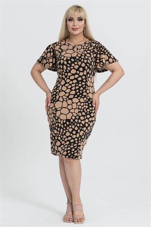 Kadın Siyah Vizon Taş Desenli Kelebek Kol Kuplu Büyük Beden Elbise