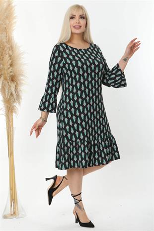 Kadın Siyah Yeşil Tavus Kuşu Desen Kol ve Etek Ucu Fırfırlı Büyük Beden Esnek Elbise