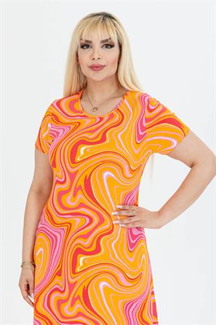 Kadın Turuncu Pembe Dalga Desen Midi Elbise