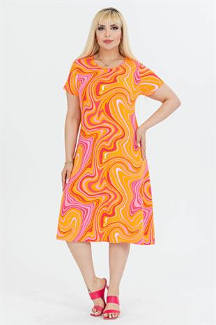 Kadın Turuncu Pembe Dalga Desen Midi Elbise