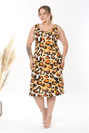 Kadın Turuncu Siyah Tiger Desen Askılı Büyük Beden Elbise