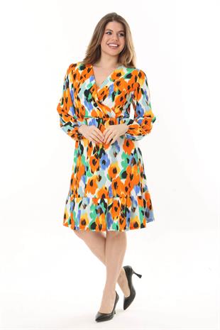 Kadın Turuncu Suluboya Çiçek Desen Kruvaze Yaka Balon Kol Büyük Beden Esnek Elbise