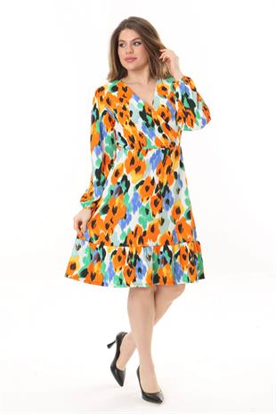 Kadın Turuncu Suluboya Çiçek Desen Kruvaze Yaka Balon Kol Büyük Beden Esnek Elbise