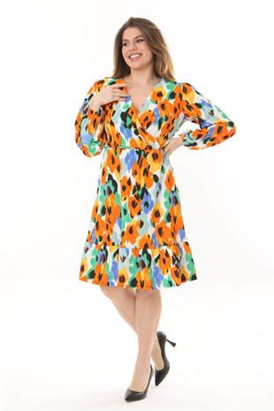 Kadın Turuncu Suluboya Çiçek Desen Kruvaze Yaka Balon Kol Büyük Beden Esnek Elbise