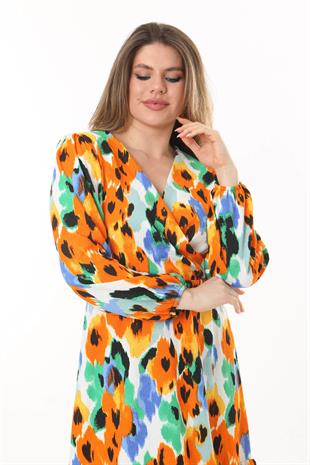 Kadın Turuncu Suluboya Çiçek Desen Kruvaze Yaka Balon Kol Büyük Beden Esnek Elbise