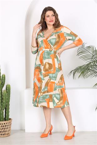 Kadın Turuncu Yeşil Geometrik Desen Kruvaze Yaka Esnek Bel Büyük Beden Elbise
