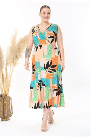 Kadın Turuncu Yeşil Geometrik Floral Desen Kolsuz Kruvaze Yaka Büyük Beden Maxi Elbise