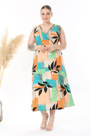 Kadın Turuncu Yeşil Geometrik Floral Desen Kolsuz Kruvaze Yaka Büyük Beden Maxi Elbise