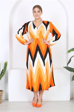 Kadın Turuncu Zigzag Desen Kruvaze Yaka Balon Kol Maxi Boy Bürümcük Elbise