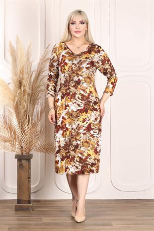 Kadın V Yaka Kızıl Kahve Pastel Desen Büyük Beden Esnek Elbise