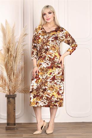 Kadın V Yaka Kızıl Kahve Pastel Desen Büyük Beden Esnek Elbise