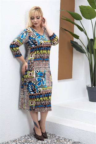 Kadın V Yaka Mavi Kahve Etnik Desen Büyük Beden Esnek Elbise