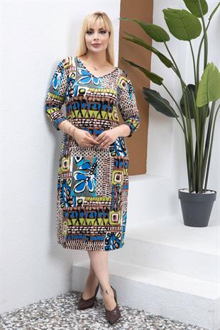Kadın V Yaka Mavi Kahve Etnik Desen Büyük Beden Esnek Elbise