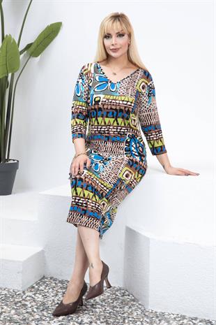 Kadın V Yaka Mavi Kahve Etnik Desen Büyük Beden Esnek Elbise