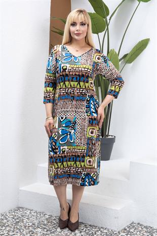Kadın V Yaka Mavi Kahve Etnik Desen Büyük Beden Esnek Elbise