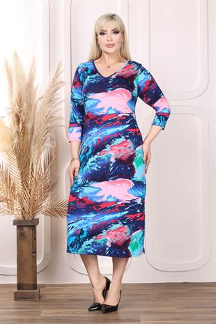 Kadın V Yaka Mavi Pembe Nebula Desen Büyük Beden Esnek Elbise