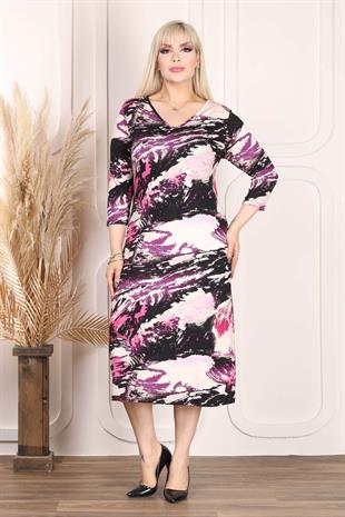 Kadın V Yaka Mor Siyah Nebula Desen Büyük Beden Esnek Elbise