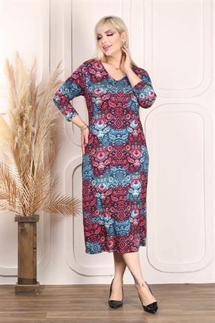 Kadın V Yaka Pembe Mavi Etnik Desen Büyük Beden Esnek Elbise