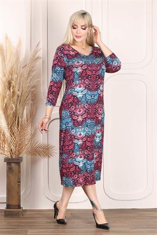 Kadın V Yaka Pembe Mavi Etnik Desen Büyük Beden Esnek Elbise