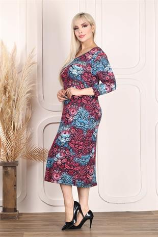 Kadın V Yaka Pembe Mavi Etnik Desen Büyük Beden Esnek Elbise