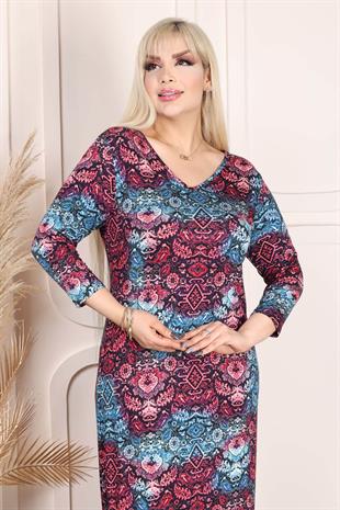 Kadın V Yaka Pembe Mavi Etnik Desen Büyük Beden Esnek Elbise