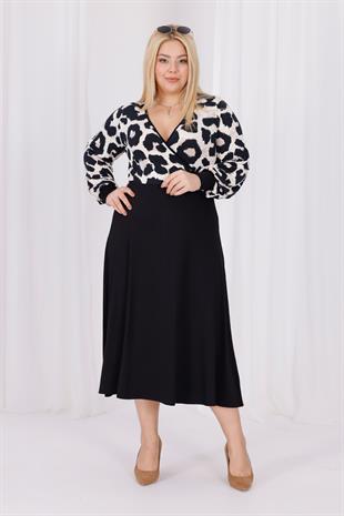 Kadın Vizon Siyah Leopar Desen Bloklu Kruvaze Yaka Balon Kol Büyük Beden Esnek Maxi Elbise