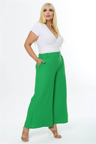 Kadın Yeşil Bol Paça Esnek Bürümcük Kumaş Pantolon