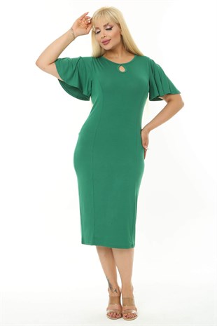 Kadın Yeşil Kelebek Kol Kuplu Büyük Beden Elbise