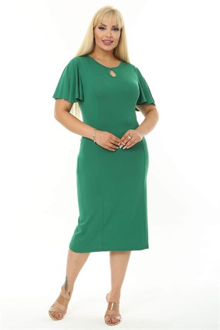 Kadın Yeşil Kelebek Kol Kuplu Büyük Beden Elbise