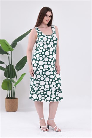 Kadın Yeşil Puantiye Desen Askılı Büyük Beden Elbise