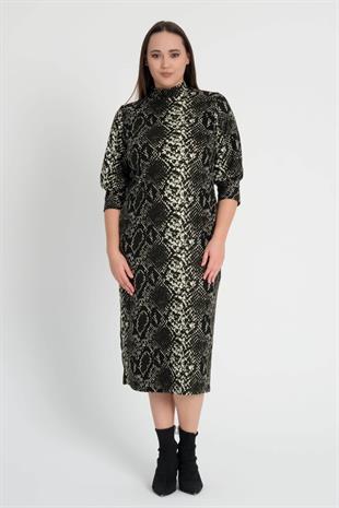 Kadın Yeşil Yılan Desen Yarım Balıkçı Yaka Büyük Beden Yırtmaçlı Esnek Süet Elbise