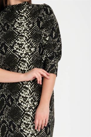 Kadın Yeşil Yılan Desen Yarım Balıkçı Yaka Büyük Beden Yırtmaçlı Esnek Süet Elbise