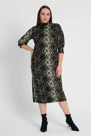 Kadın Yeşil Yılan Desen Yarım Balıkçı Yaka Büyük Beden Yırtmaçlı Esnek Süet Elbise