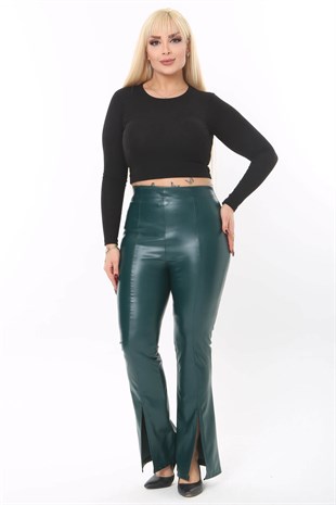 Kadın Yeşil Yırtmaç Detay Esnek Suni Deri Pantolon