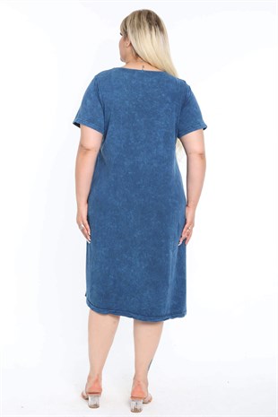 Kadın Yıkamalı İndigo Mavi Otantik  Aplikeli Büyük Beden Elbise