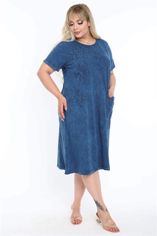 Kadın Yıkamalı İndigo Mavi Otantik  Aplikeli Büyük Beden Elbise