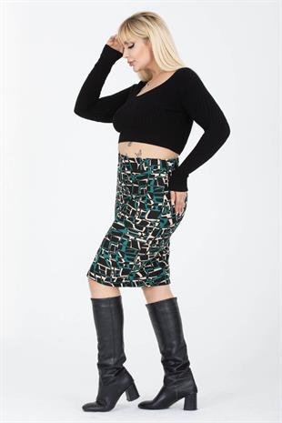 Kadın Zümrüt Bej Geometrik Desen Esnek Süet Kalem Etek