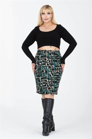 Kadın Zümrüt Bej Geometrik Desen Esnek Süet Kalem Etek