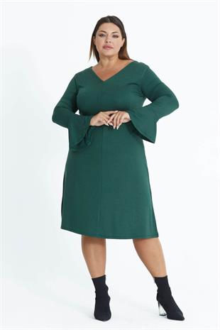 Kadın Zümrüt Yeşil V Yaka Volan Kol Büyük Beden Esnek Yün Viskon Elbise