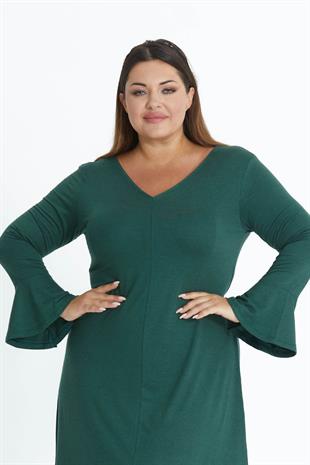 Kadın Zümrüt Yeşil V Yaka Volan Kol Büyük Beden Esnek Yün Viskon Elbise
