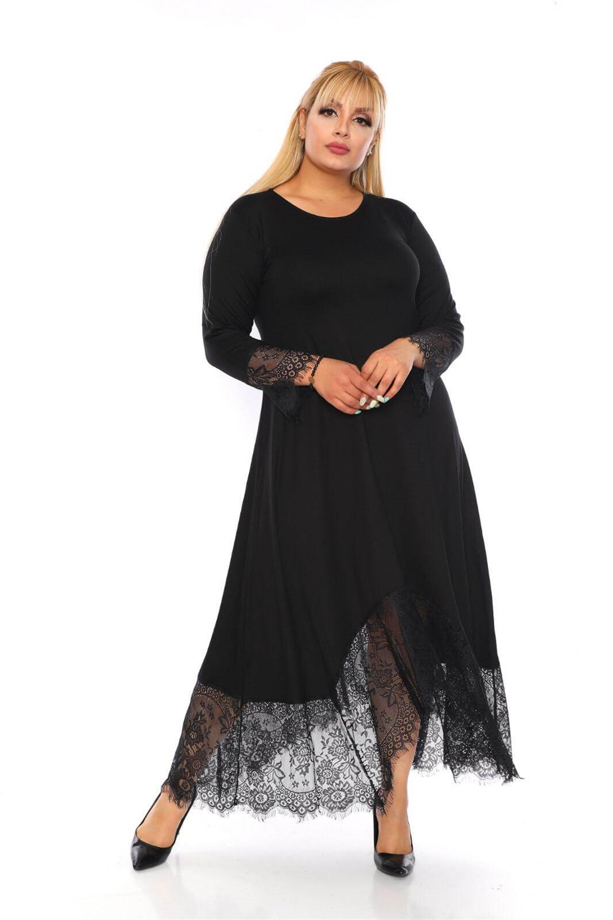 Büyük Beden Dantel Kol Detaylı Elbise | Siyah